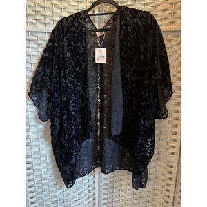Lulla Kimono Sheer Floral Jacquard Pattern Three Quarter Sleeve Top Black L